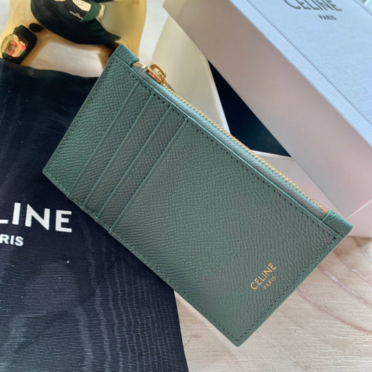 Celine 粒面小牛皮拉鍊卡包-青綠色