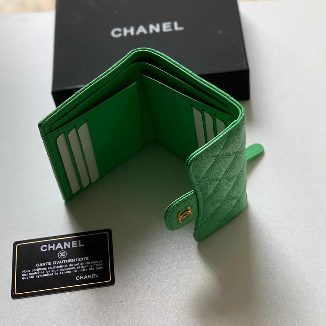 Chanel CF 三折短夾-綠色荔枝皮金釦