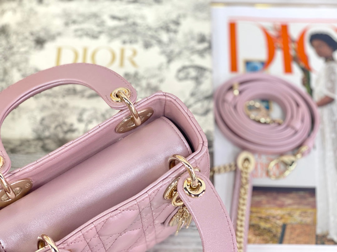 Dior-Mini Lady Dior手袋-三格黛妃-17cm-珠光粉金扣