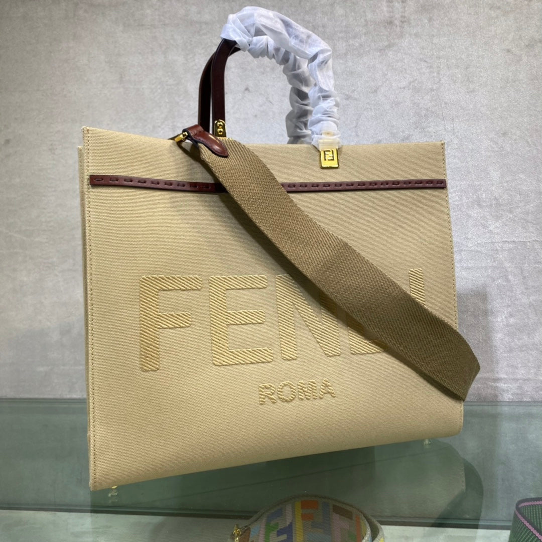 芬F家-Fendi Sunshine-中號米色帆布手提袋