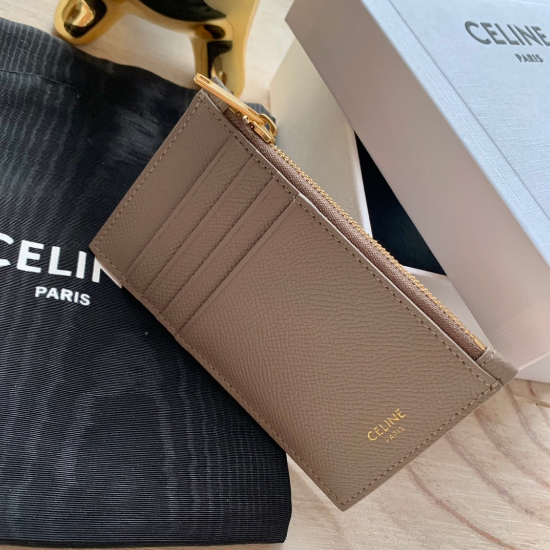 Celine 粒面小牛皮拉鍊卡包-卵石灰