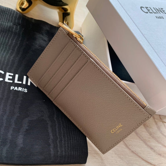 Celine 粒面小牛皮拉鍊卡包-卵石灰