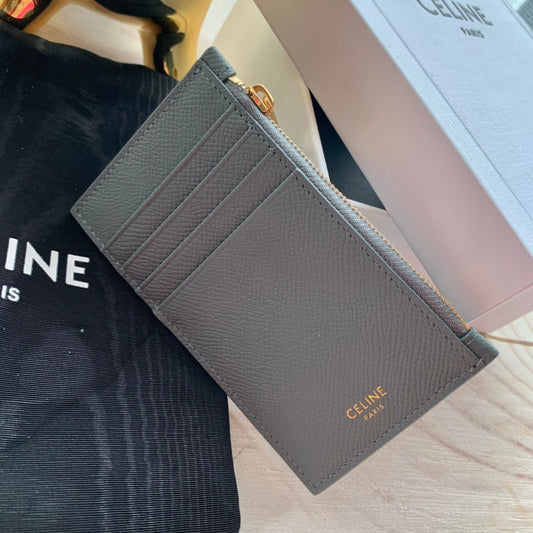 Celine 粒面小牛皮拉鍊卡包-雲霧藍