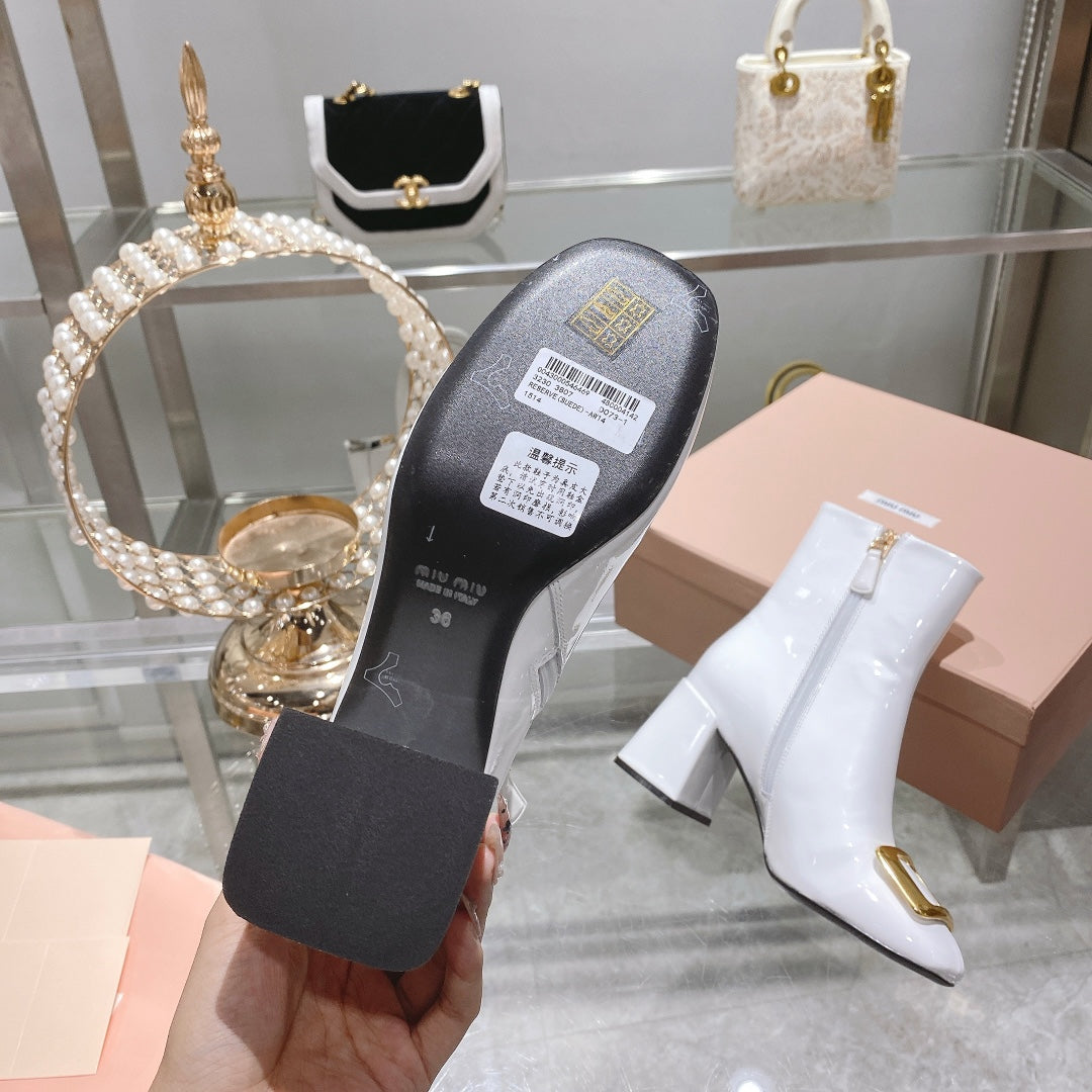 穆M家-2022秋冬新款 漆皮低跟靴 白色