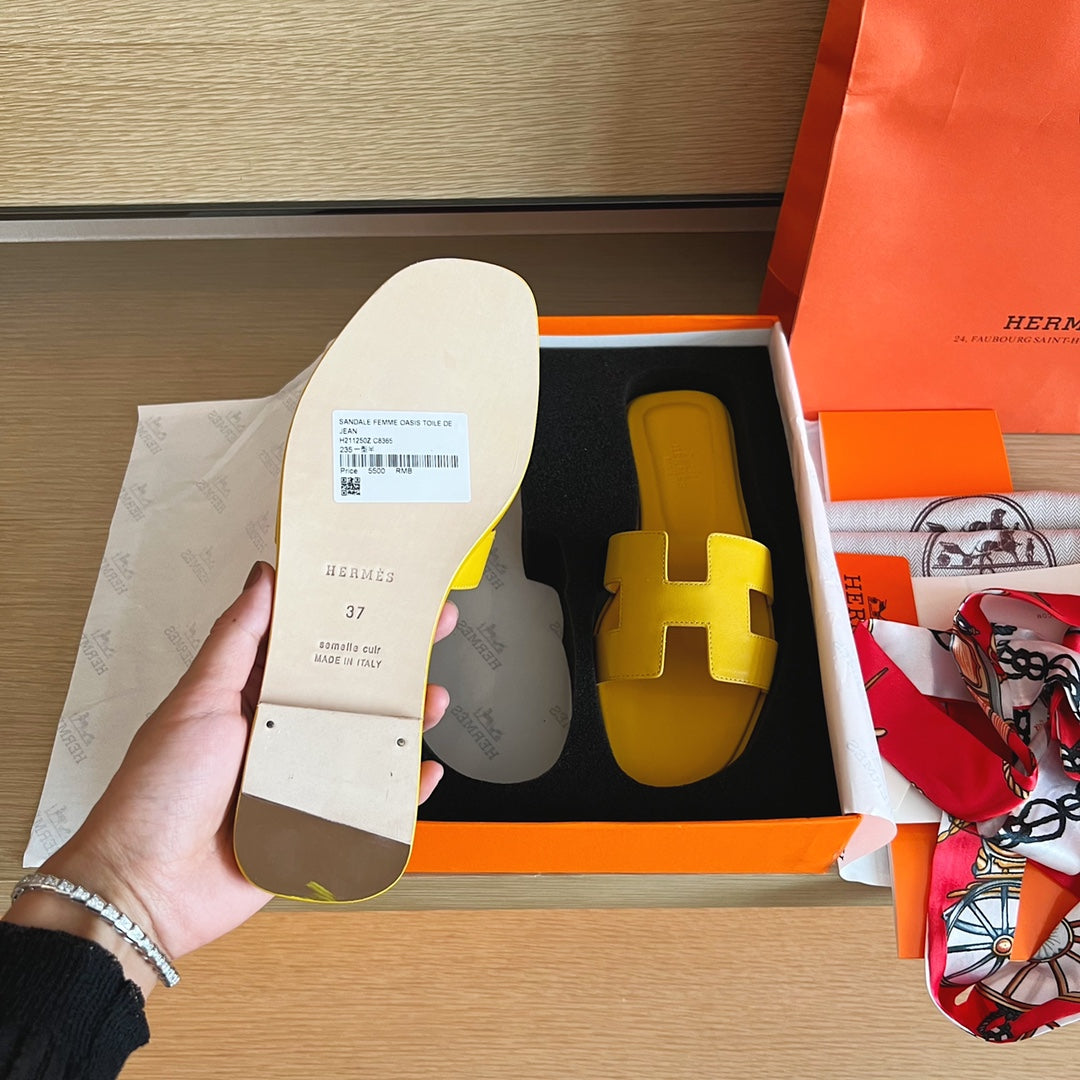 小愛款-H平底拖鞋 純色皮面 全包中底