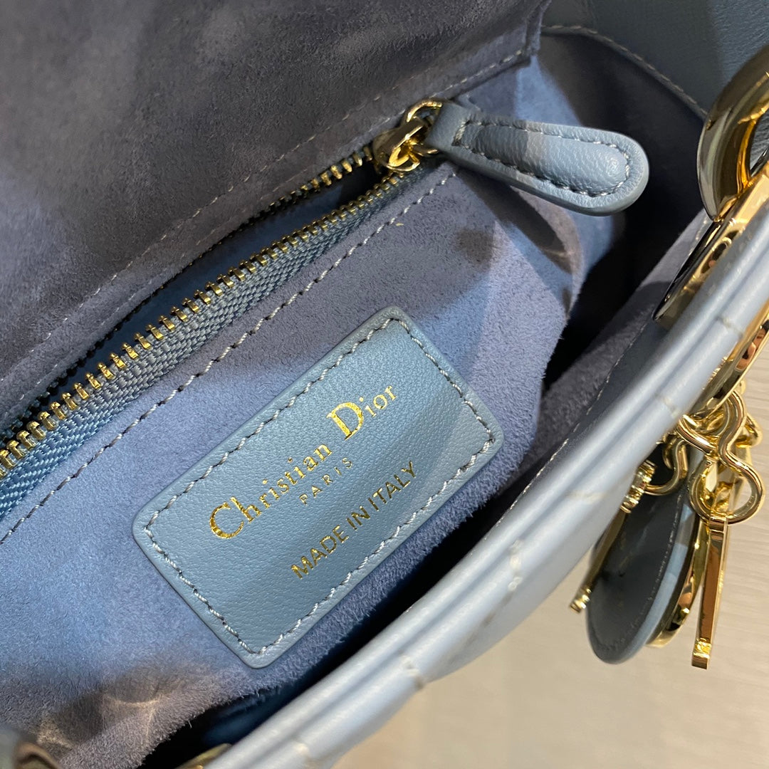 Dior-Mini Lady Dior手袋-三格黛妃-17cm-天藍珐瑯扣