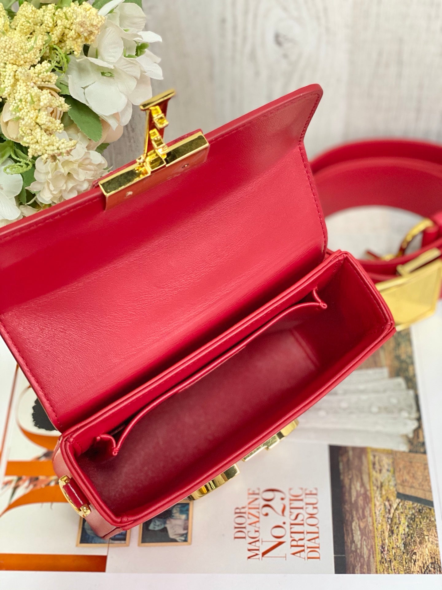 Dior 蒙田 Mini Box-平紋牛皮-金扣-17.5cm-紅色