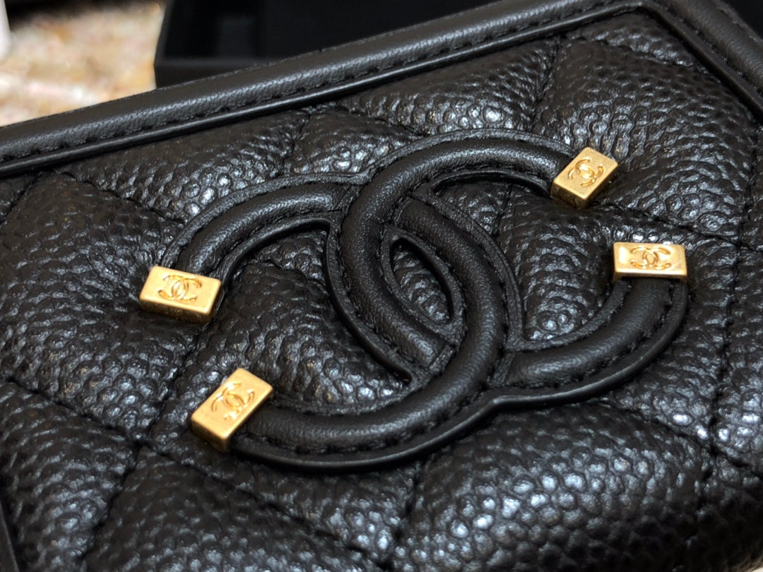 Chanel 復古CC荔枝牛皮拉鍊零錢包-仿舊五金