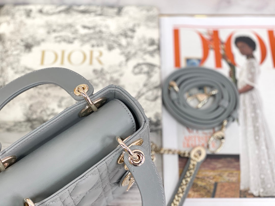 Dior-Mini Lady Dior手袋-三格黛妃-17cm-石灰色金扣