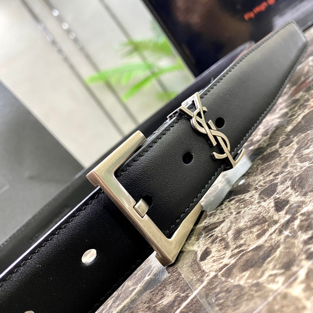 聖Y羅-黑色銀扣皮帶-3.0cm