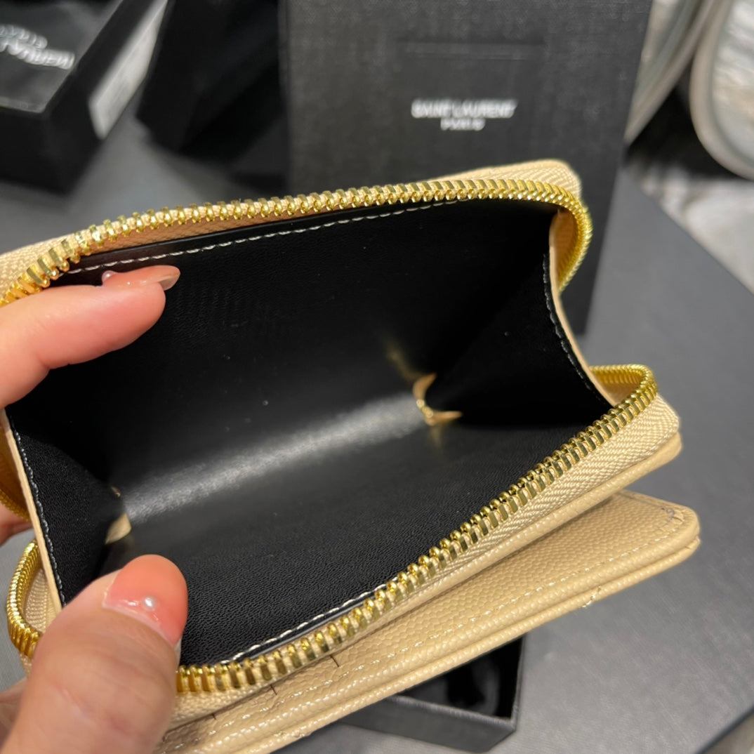 YSL 拉鍊短夾 杏色金扣