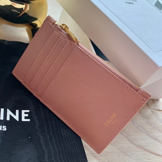 Celine 粒面小牛皮拉鍊卡包-玫瑰粉