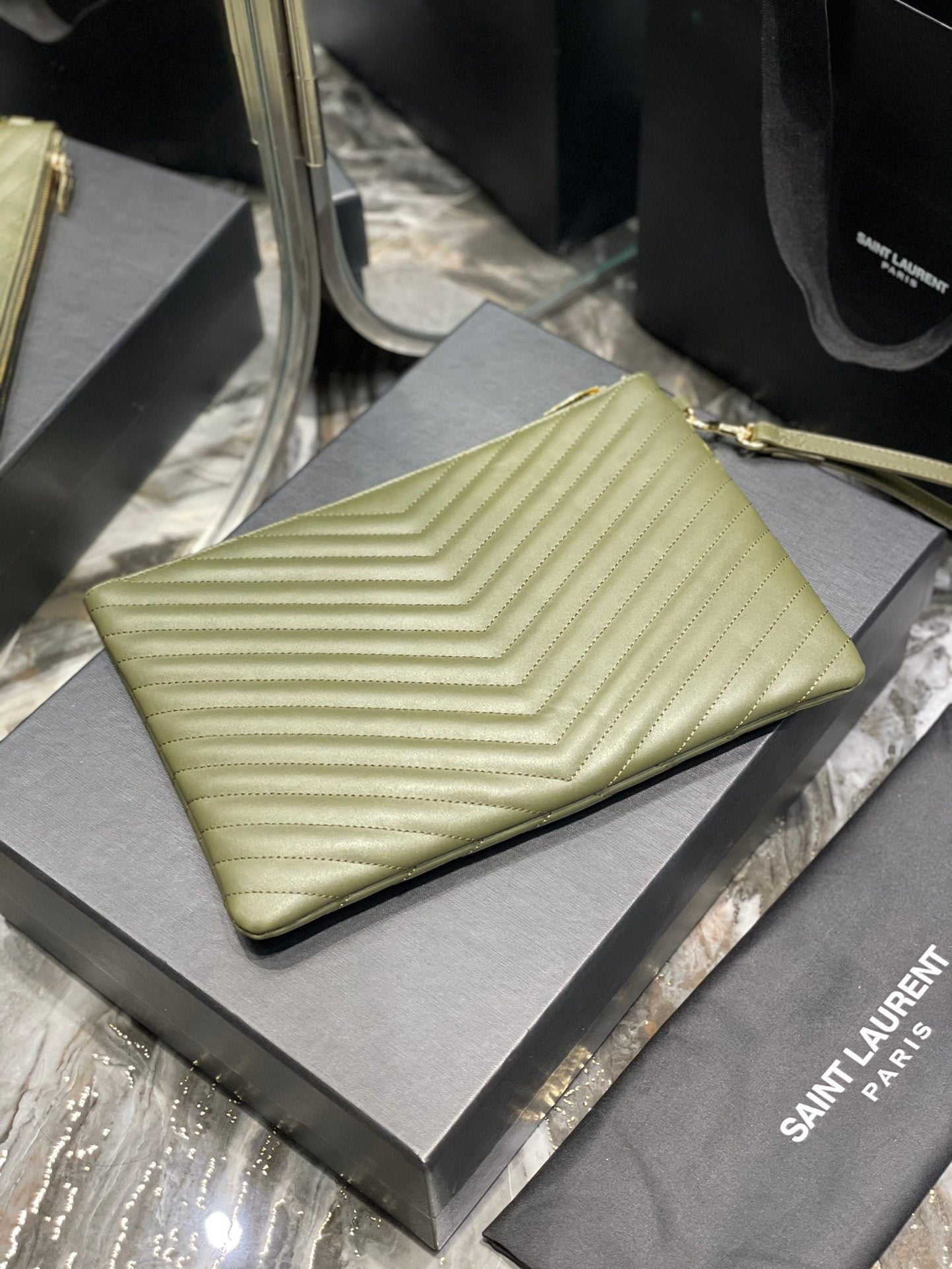 YSL_提花拼接文件手拿包-綠色金扣-30cm