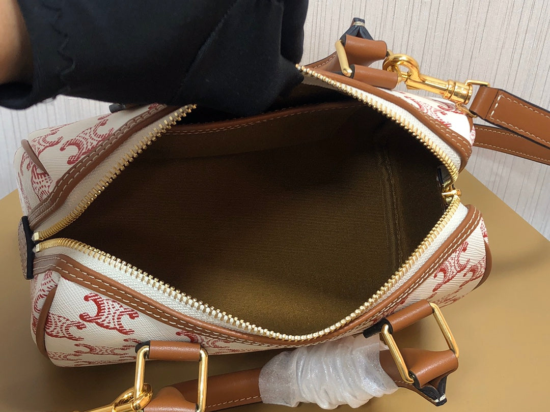 賽C家-小號標誌印花牛皮革波士頓包