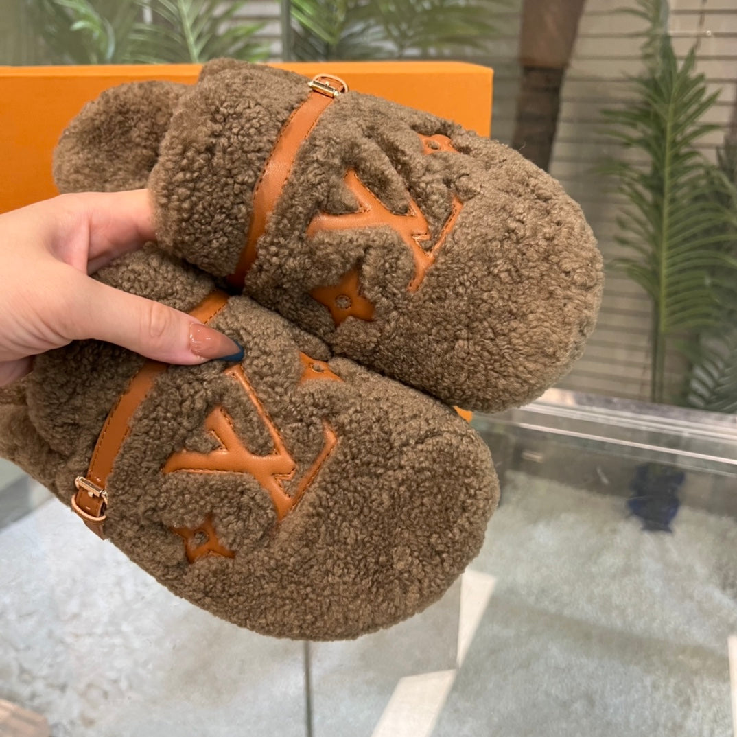 路L家-2022早春新款 毛毛半拖鞋 咖色