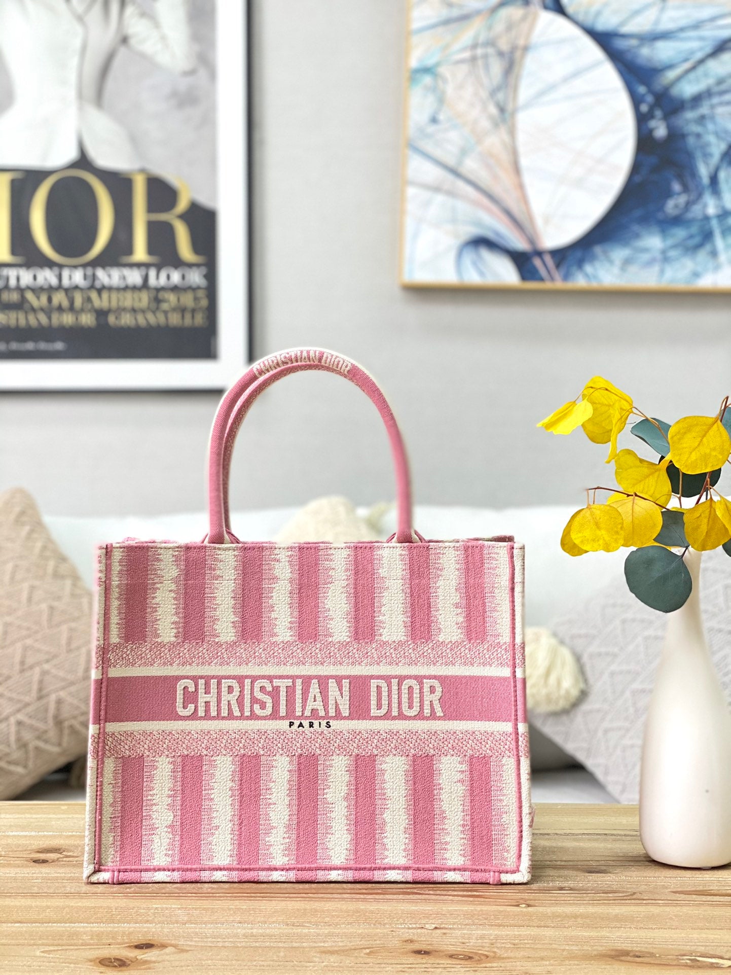 Dior Book Tote-小號36.5cm-粉色條紋