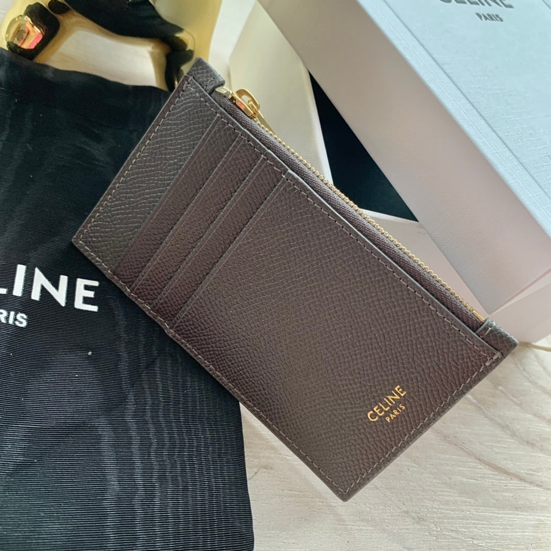 Celine 粒面小牛皮拉鍊卡包-鐵灰