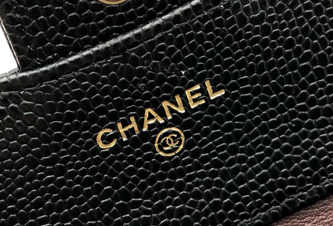 Chanel CF三折短夾-黑色荔枝皮金釦