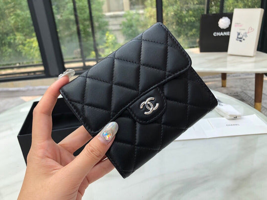 Chanel CF三折短夾-黑色羊皮銀扣