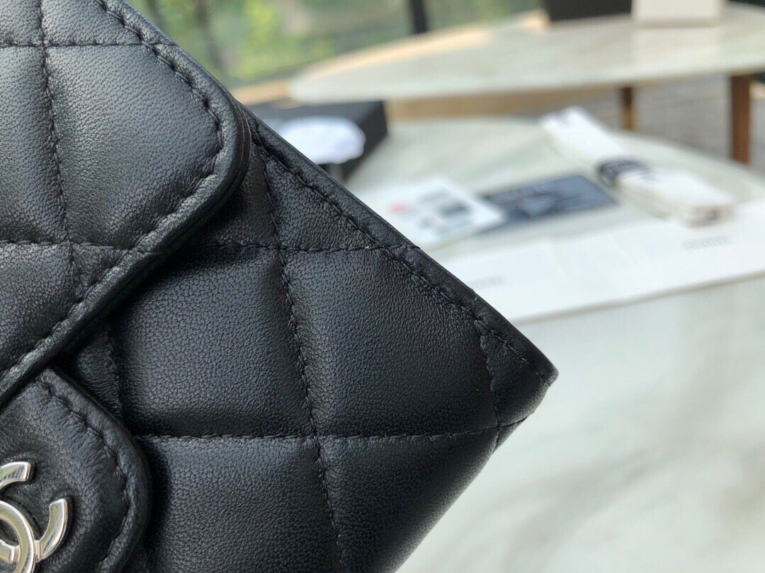 Chanel CF三折短夾-黑色羊皮銀扣