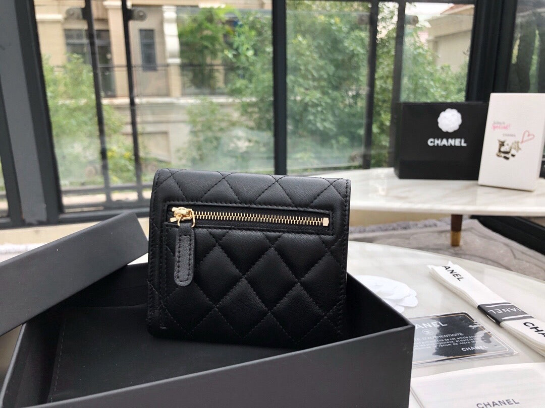 Chanel CF三折短夾-黑色羊皮金扣