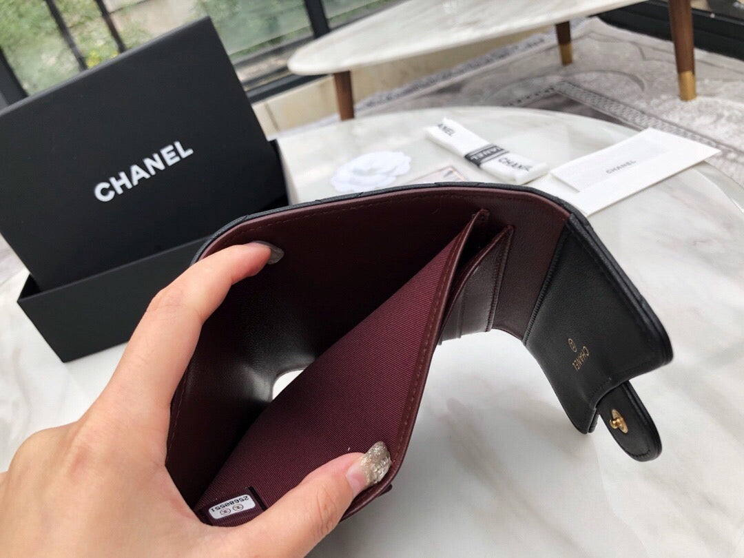 Chanel CF三折短夾-黑色羊皮金扣