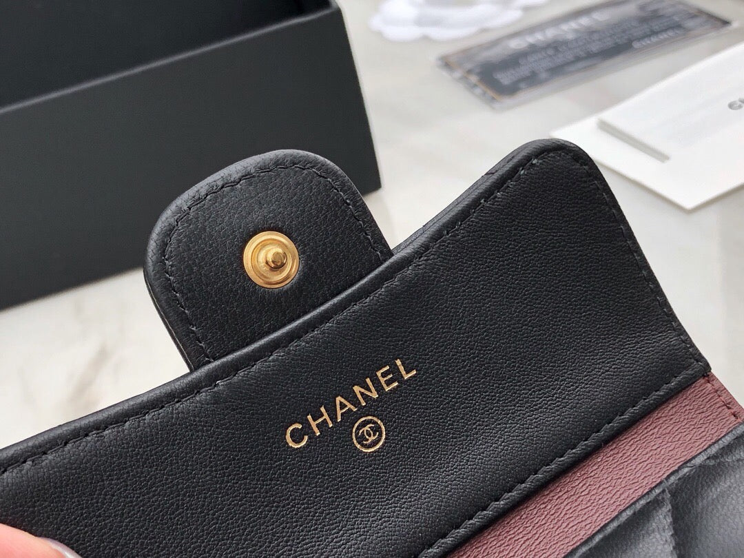 Chanel CF三折短夾-黑色羊皮金扣