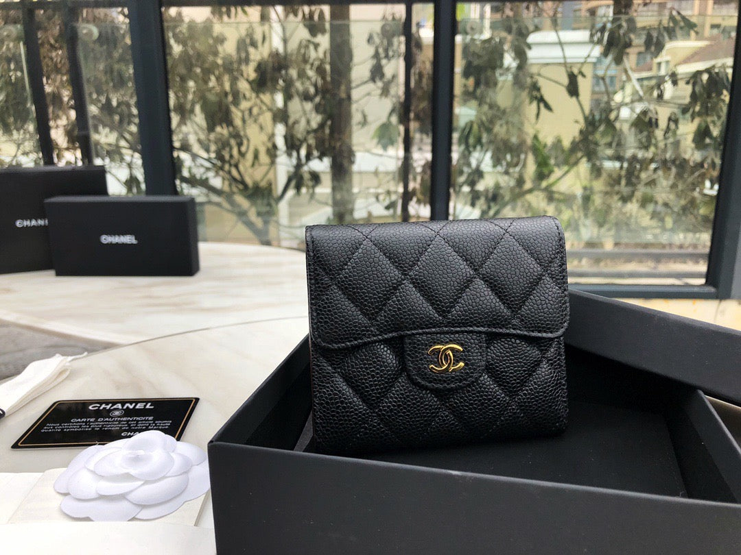 Chanel CF三折短夾-黑色荔枝皮金釦