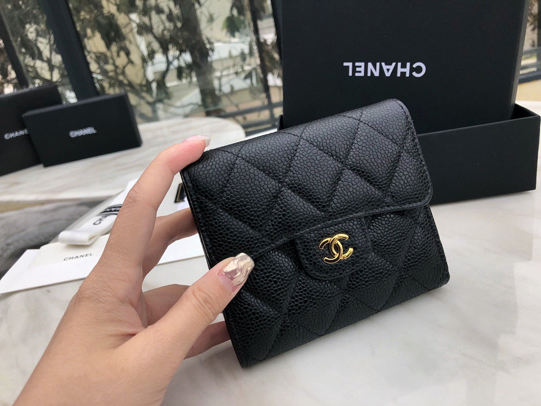 Chanel CF三折短夾-黑色荔枝皮金釦