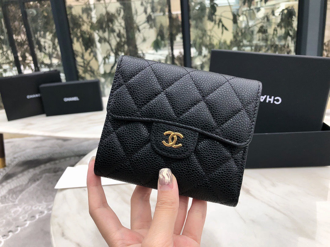 Chanel CF三折短夾-黑色荔枝皮金釦