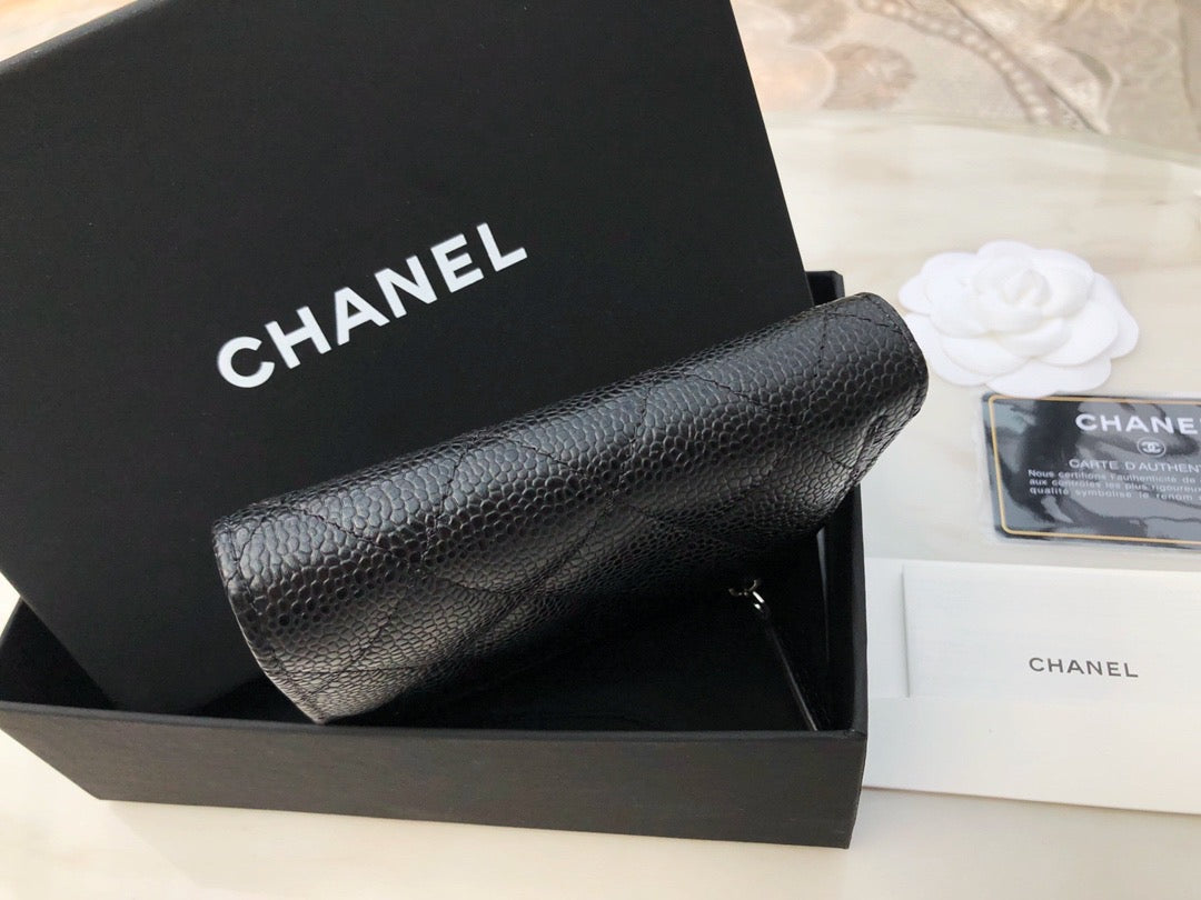 Chanel CF三折短夾-黑色荔枝皮銀扣
