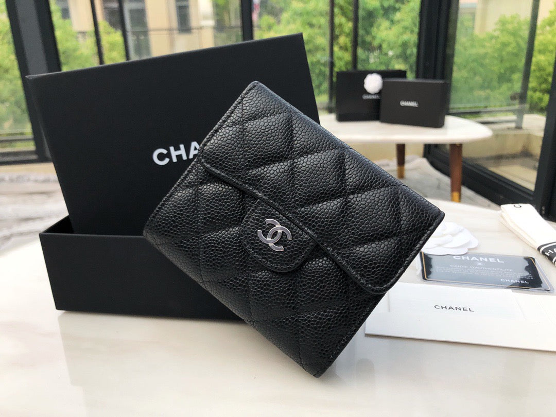 Chanel CF三折短夾-黑色荔枝皮銀扣