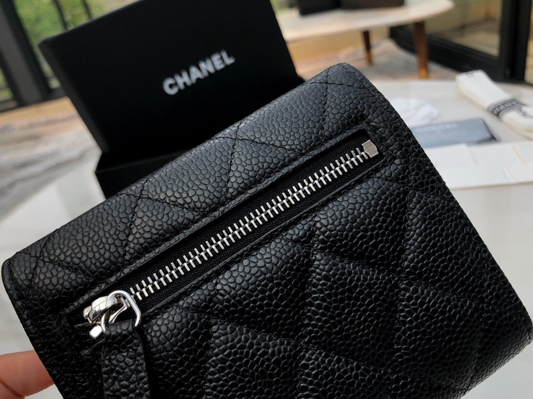Chanel CF三折短夾-黑色荔枝皮銀扣