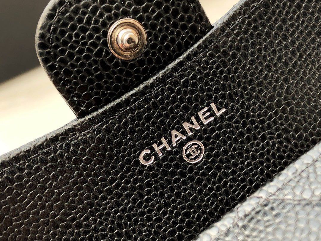 Chanel CF三折短夾-黑色荔枝皮銀扣